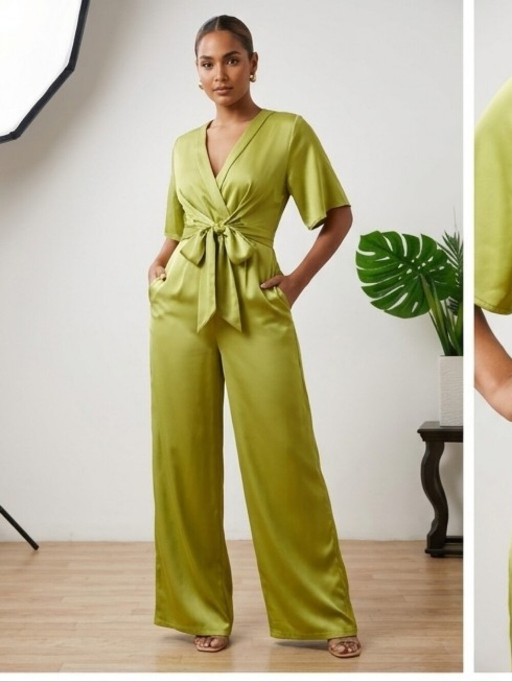 Satin Wrap Tie-Waist Jumpsuit in Chartreuse